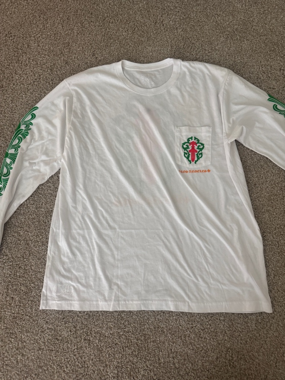 Chrome Hearts White Long-Sleeve Tee with Green Cross Pocket Graphic